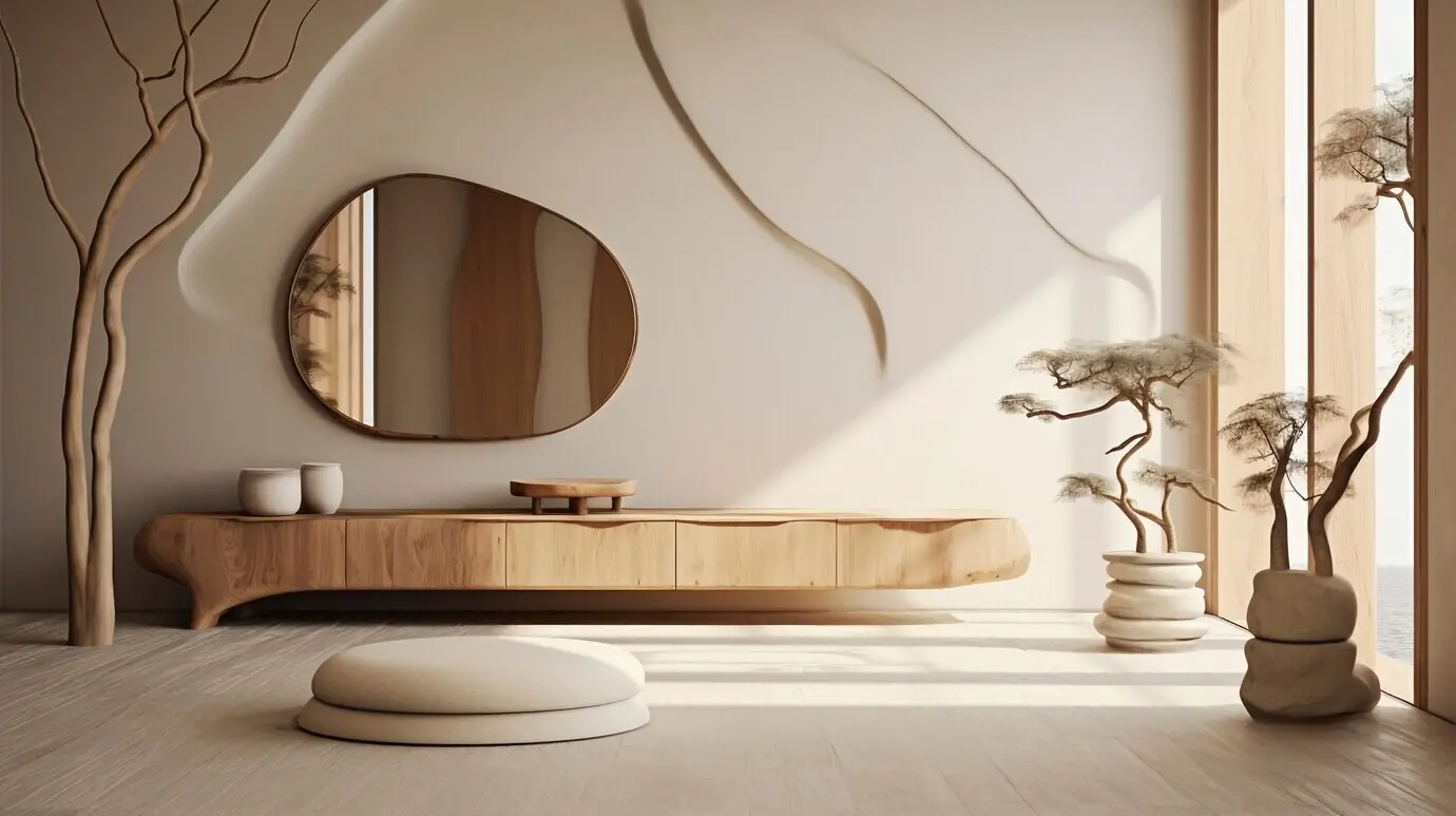 Ansicht einer Mischung aus nordischem Minimalismus und japanischem Wabi-Sabi im Interior Design.